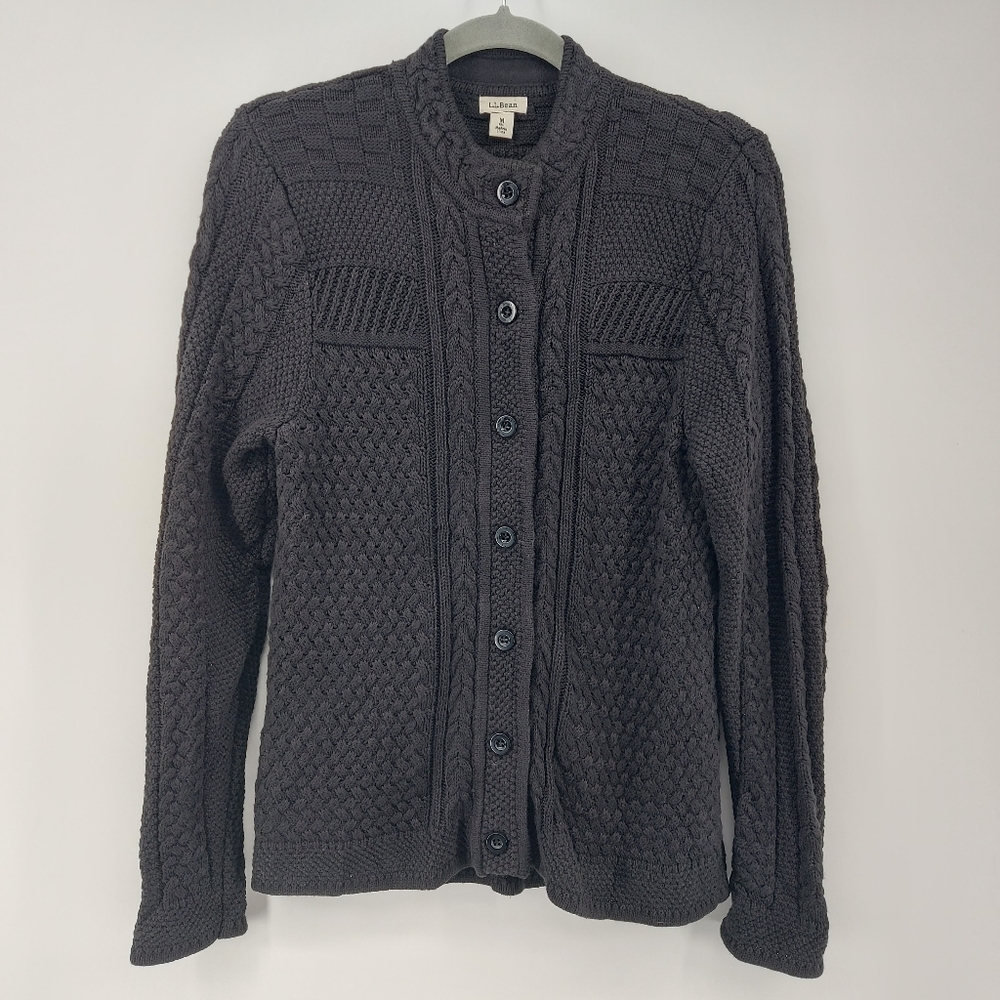 L.L. Bean Cableknit  Sweater, Button-Front Cardigan Black Cotton Size Medium